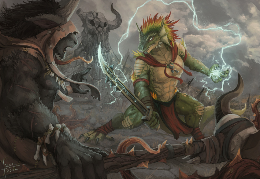 absurd_res action_pose anthro beastmen_(warhammer) bottomwear claws clothed clothing detailed_background digital_media_(artwork) duo feathers fight foot_wraps hair hi_res holding_object holding_weapon izrez lizard loincloth magic magic_user male mammal melee_weapon pose reptile scales scalie skaereth sword teeth tribal warhammer_(franchise) warhammer_fantasy weapon wraps