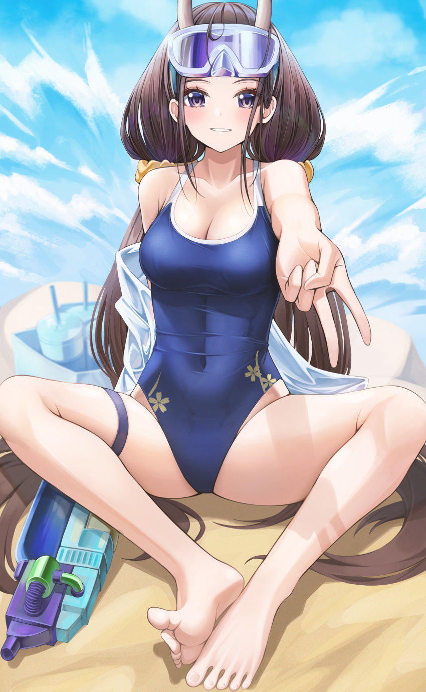 1girl absurdres azur_lane barefoot blue_sky breasts brown_hair cleavage cloud collarbone commentary_request covered_navel day goggles goggles_on_head highres horns long_hair looking_at_viewer low_twintails m_legs medium_breasts noshiro_(azur_lane) noshiro_(unwinding_in_the_sunshine)_(azur_lane) purple_eyes school_swimsuit sitting sky solo sora_(men0105) swimsuit thigh_strap thighs toes twintails white_horns