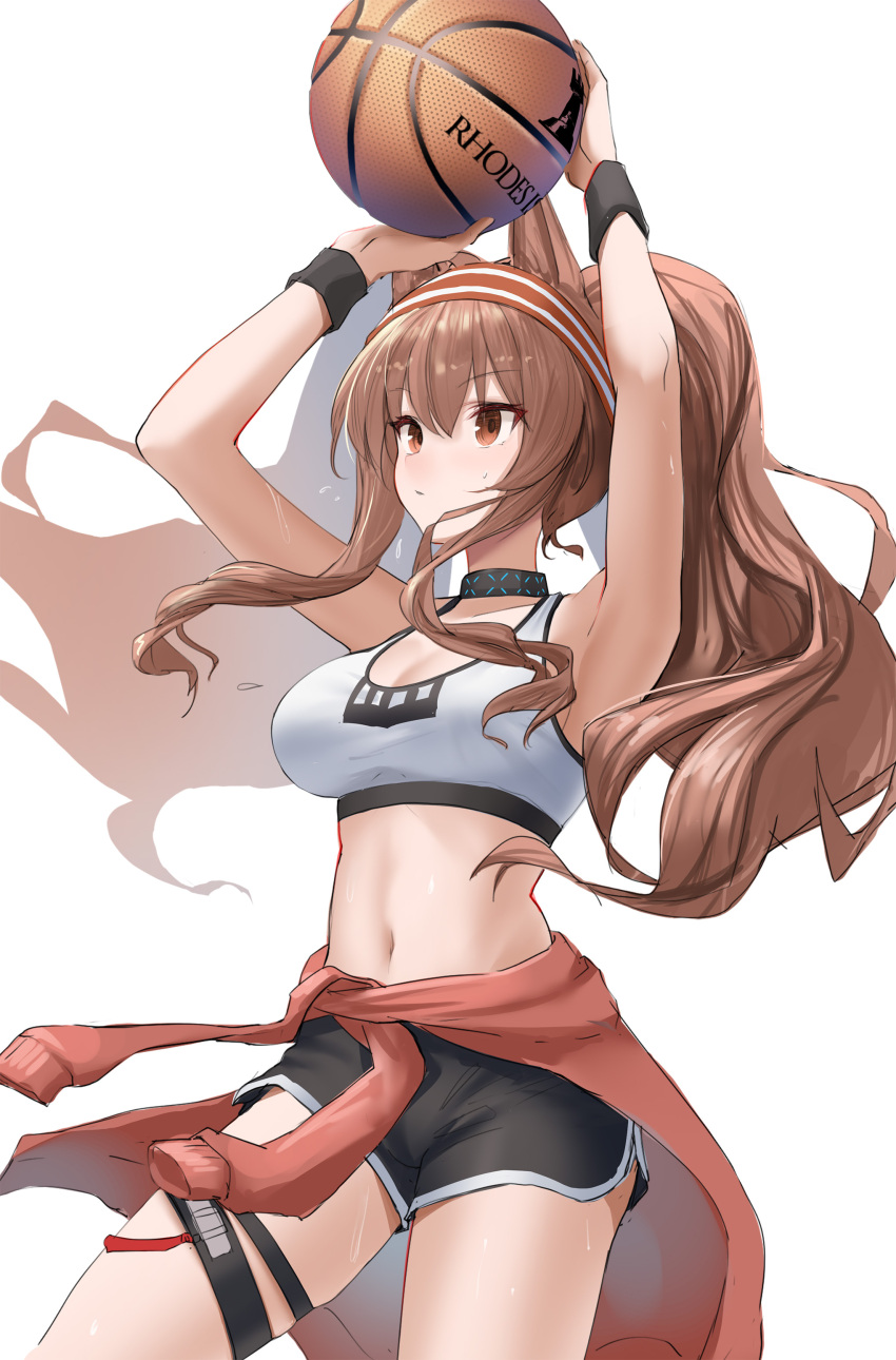 1girl absurdres angelina_(arknights) animal_ears arknights armpits arms_up ball bangs bare_arms bare_shoulders basketball black_choker black_shorts breasts brown_eyes brown_hair choker cleavage clothes_around_waist commentary_request cowboy_shot crop_top fox_ears hairband highres holding holding_ball infection_monitor_(arknights) jacket jacket_around_waist large_breasts midriff navel official_alternate_costume red_hairband short_shorts shorts sidelocks simple_background solo sports_bra standing sthk stomach thigh_strap thighs twintails white_background