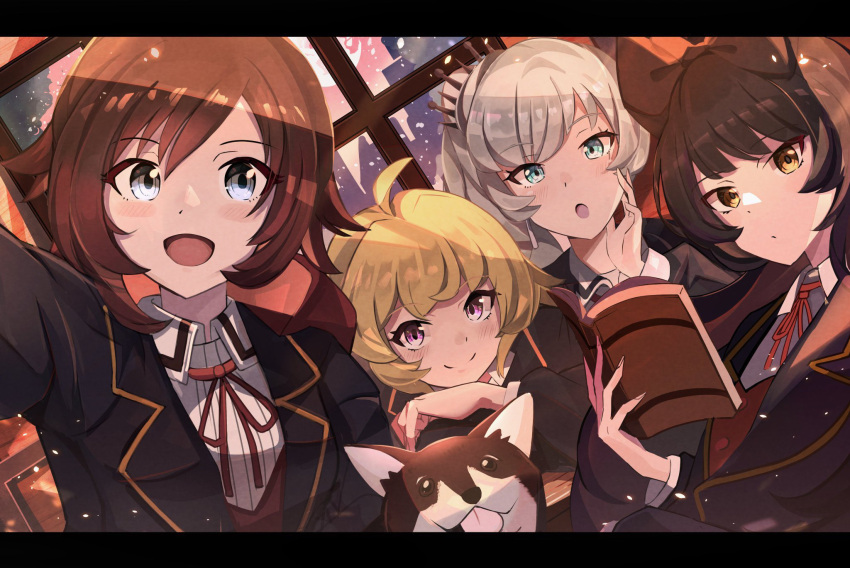 4girls :d :o ahoge black_border black_hair black_jacket blake_belladonna blazer blonde_hair blue_eyes blush book border bow closed_mouth dog grey_eyes hair_bow highres holding holding_book jacket letterboxed long_hair looking_at_viewer multiple_girls neck_ribbon open_mouth purple_eyes red_hair ribbon ruby_rose rwby school_uniform short_hair side_ponytail smile umiru upper_body weiss_schnee white_hair window yang_xiao_long yellow_eyes zwei_(rwby)