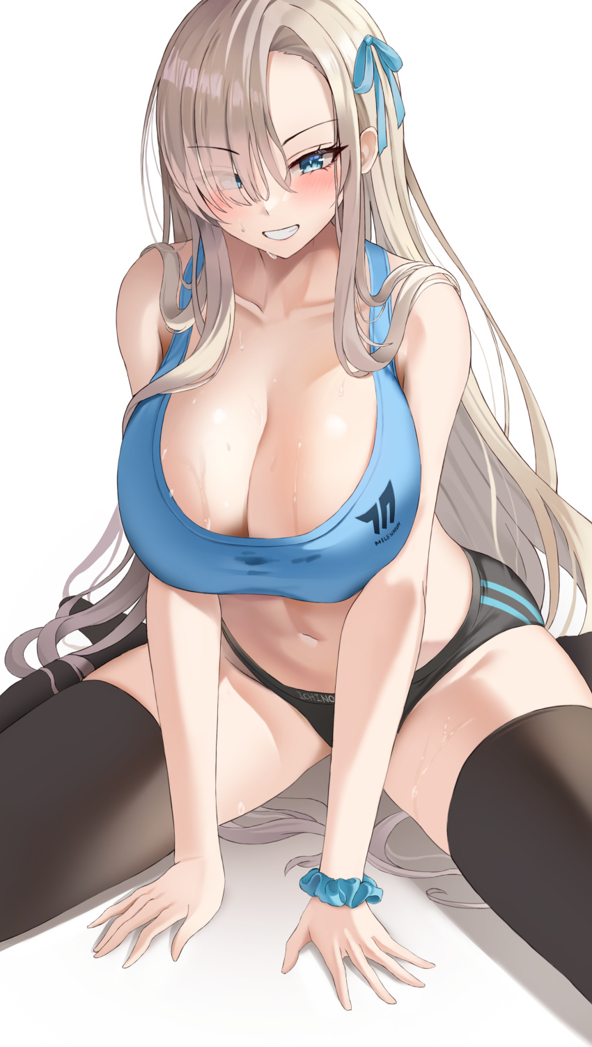 1girl absurdres alternate_costume arm_support asuna_(blue_archive) bangs bare_arms bare_shoulders black_panties black_thighhighs blonde_hair blue_archive blue_eyes blue_ribbon blue_scrunchie blue_sports_bra blush breasts character_name cleavage collarbone commentary eyes_visible_through_hair grin groin hair_over_one_eye hair_ribbon highres huge_breasts kitin leaning_forward long_bangs long_hair looking_at_viewer navel no_shoes panties ribbon scrunchie sidelocks sitting smile solo sports_bra sportswear stomach sweat swept_bangs teeth text_print thick_thighs thighhighs thighs underwear very_long_hair wariza wet wrist_scrunchie