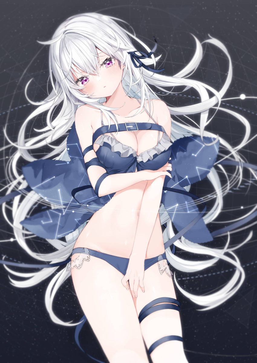 1girl absurdres arm_under_breasts bangs bare_shoulders bikini blue_bikini blue_ribbon breasts cleavage collarbone commentary_request frilled_bikini frills hair_between_eyes hair_ribbon head_tilt highres kamioka_shun'ya long_hair looking_at_viewer medium_breasts navel original parted_lips purple_eyes ribbon shiori_(kamioka_shun'ya) solo swimsuit very_long_hair white_hair