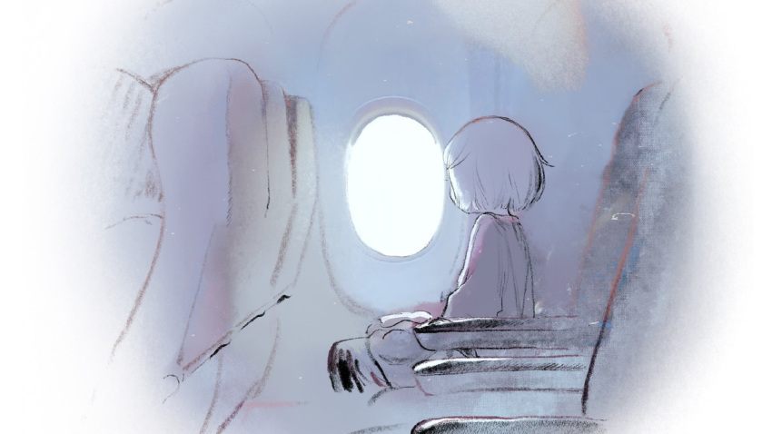 1girl 1other airplane_interior character_request greyscale hair_flaps highres monochrome musou_no_machi seat short_hair sitting sketch vehicle_interior window yorunogumo