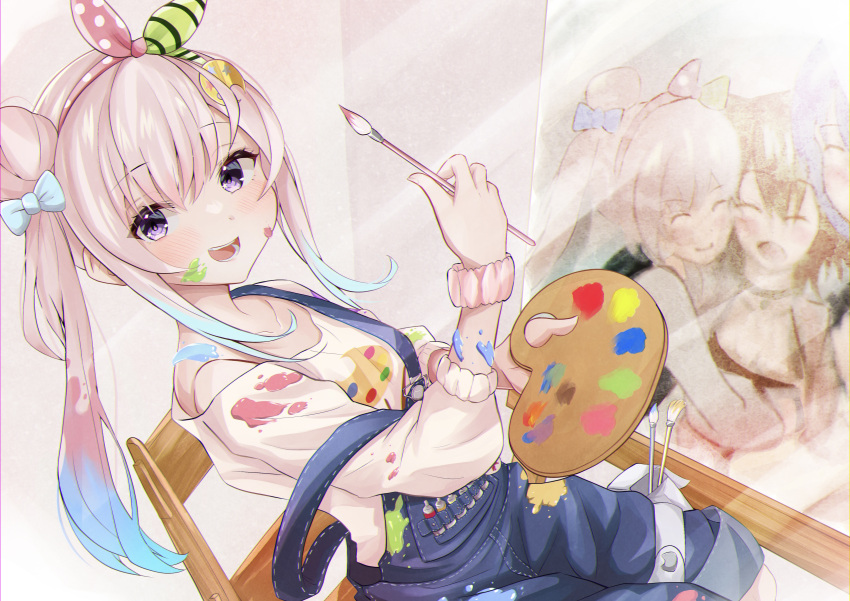 1girl absurdres airani_iofifteen ayunda_risu blue_overalls denim hair_bun highres holding holding_paintbrush hololive hololive_indonesia kairono3jou long_hair moona_hoshinova overalls paint_on_body paint_on_clothes paint_tube paintbrush painting_(object) pink_hair purple_eyes side_ponytail single_hair_bun star_(symbol) star_in_eye symbol_in_eye thigh_pouch virtual_youtuber