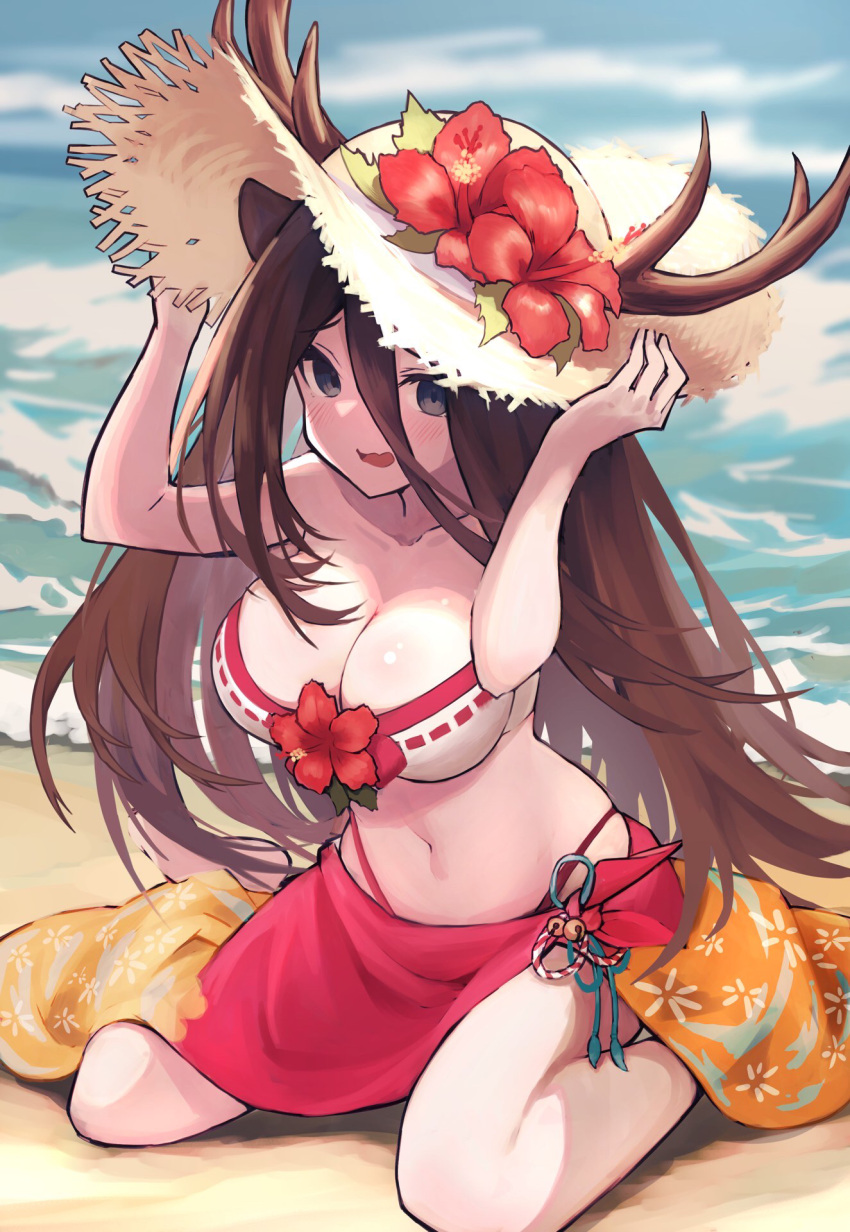 1girl animal_ears bell bikini blue_eyes blush breasts brown_hair commentary deer_antlers deer_ears deer_girl flower full_body hair_between_eyes hands_on_headwear hands_up hat highres jingle_bell large_breasts leaf long_hair looking_at_viewer mist_train_girls nara_(mist_train_girls) navel official_alternate_costume open_mouth outdoors pink_bikini pink_sarong red_flower sand shore sitting solo straw_hat swimsuit tomisaka_yorui wariza water