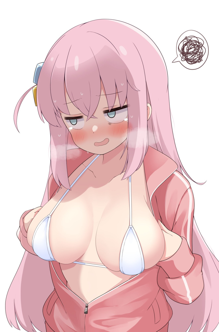 1girl bangs bikini blush bocchi_the_rock! breasts cocozasa collarbone cube_hair_ornament dot_nose gotou_hitori hair_ornament hands_on_own_breasts highres jacket large_breasts long_hair long_sleeves looking_to_the_side micro_bikini one_side_up open_clothes open_jacket open_mouth pink_hair pink_jacket simple_background sleeves_past_wrists solo sweat swimsuit track_jacket unzipped white_background white_bikini zipper_pull_tab