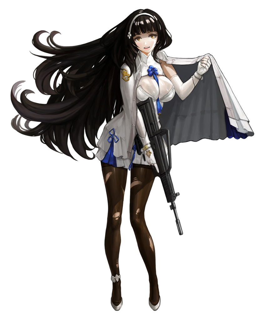 1girl :d assault_rifle bangs black_hair blunt_bangs breasts brown_pantyhose bullpup cape chronodash cleavage dress fingerless_gloves full_body girls'_frontline gloves gun headband high_heels highres hime_cut holding holding_gun holding_weapon large_breasts looking_at_viewer military military_uniform open_mouth pantyhose qbz-95 rifle simple_background smile solo torn_clothes torn_pantyhose trigger_discipline type_95_(girls'_frontline) uniform weapon white_background white_cape white_dress white_footwear white_gloves yellow_eyes