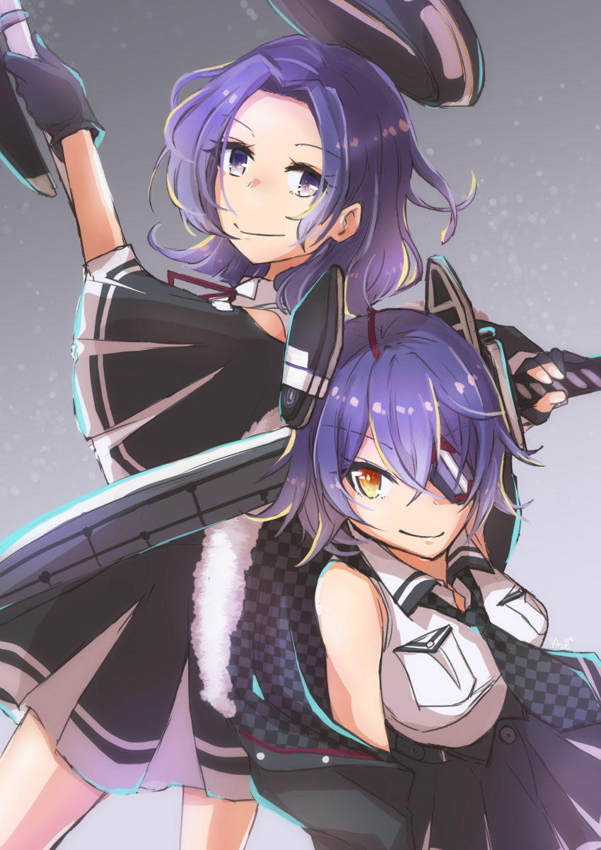 2girls ane_hoshimaru back-to-back black_capelet black_gloves black_jacket black_skirt breast_pocket capelet checkered_clothes checkered_necktie collared_shirt dress_shirt eyepatch fur-trimmed_jacket fur_trim glaive_(polearm) gloves halo headgear highres jacket kantai_collection mechanical_halo multiple_girls necktie partially_fingerless_gloves pleated_skirt pocket purple_eyes purple_hair shirt short_hair skirt sword tatsuta_(kancolle) tatsuta_kai_ni_(kancolle) tenryuu_(kancolle) tenryuu_kai_ni_(kancolle) weapon white_shirt yellow_eyes