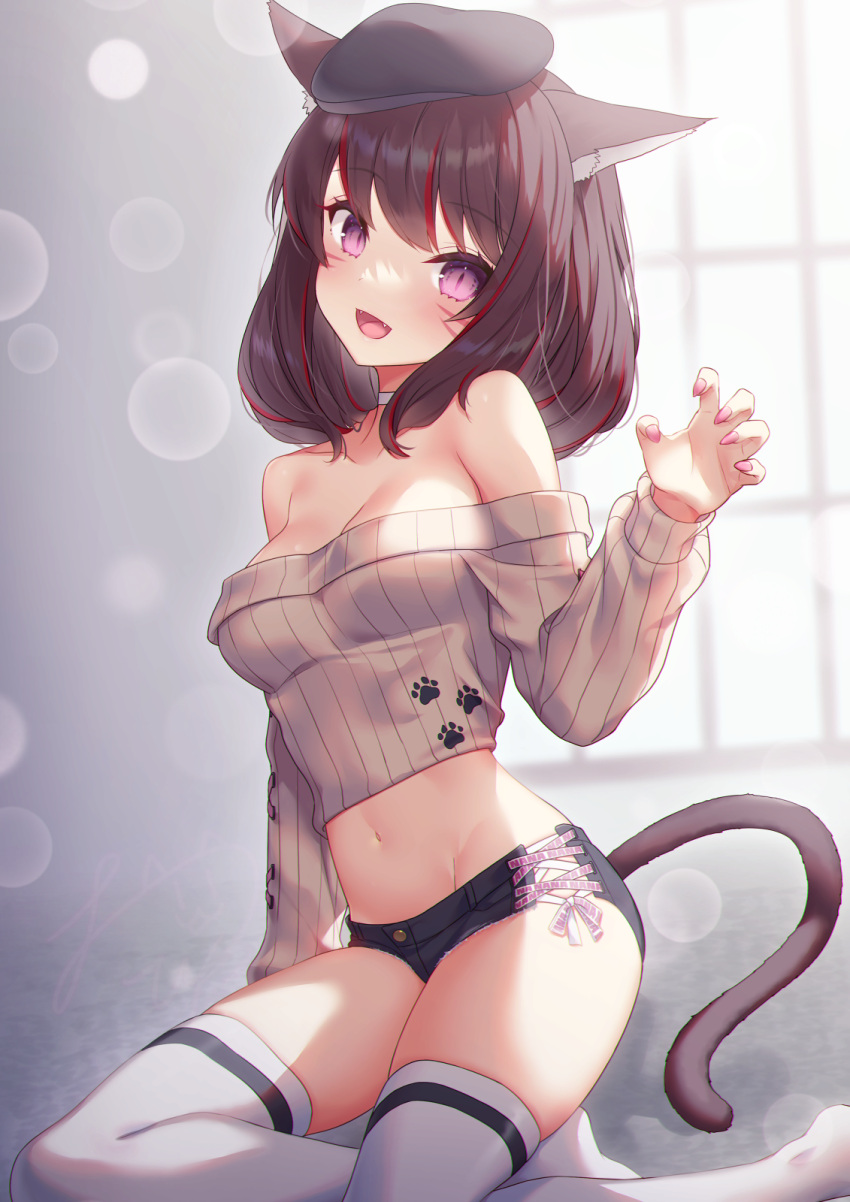 1girl :d animal_ear_fluff animal_ears bangs beret black_hair black_headwear black_shorts blurry blurry_background blush breasts brown_sweater cat_ears cat_girl cat_tail claw_pose cleavage commentary_request commission crop_top depth_of_field fang final_fantasy final_fantasy_xiv groin hand_up hat highres long_sleeves looking_at_viewer medium_breasts midriff miqo'te multicolored_hair nail_polish navel off-shoulder_sweater off_shoulder pink_nails puffy_long_sleeves puffy_sleeves purple_eyes red_hair ribbed_sweater short_shorts shorts skeb_commission smile solo streaked_hair sweater tahya tail thighhighs white_thighhighs window