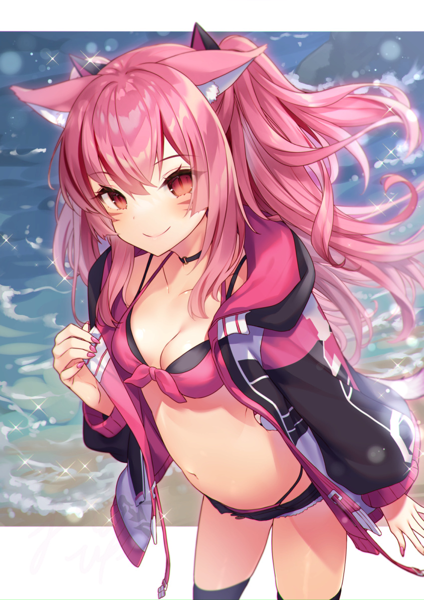 1girl animal_ear_fluff animal_ears bangs bikini bikini_under_clothes black_bikini black_choker black_jacket black_shorts black_thighhighs blush breasts cat_ears cat_girl cat_tail choker cleavage closed_mouth collarbone commentary_request commission facial_mark final_fantasy final_fantasy_xiv hair_between_eyes hand_up highres hood hood_down hooded_jacket jacket leaning_forward long_sleeves looking_at_viewer miqo'te nail_polish open_clothes open_jacket pink_bikini pink_hair pink_nails ponytail puffy_long_sleeves puffy_sleeves red_eyes short_shorts shorts skeb_commission small_breasts smile solo swimsuit tahya tail thighhighs water whisker_markings