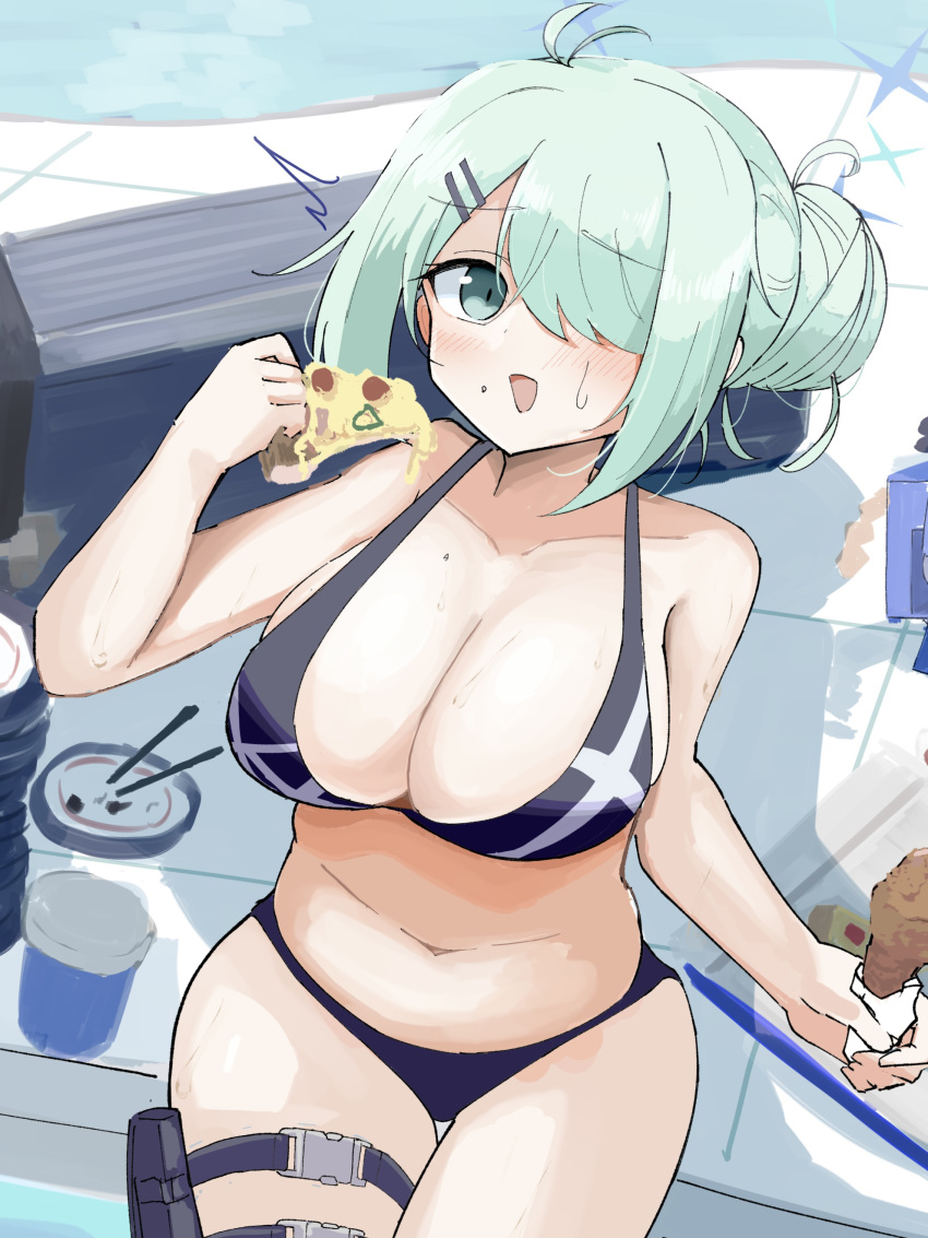 1girl absurdres ahoge bikini black_bikini blue_archive breasts chicken_(food) food green_eyes hair_bun hair_over_one_eye highres hiyori_(blue_archive) holding holding_food holding_pizza katsuhiko_(bone_hiko) large_breasts light_green_hair navel pizza poolside single_hair_bun swimsuit thigh_pouch