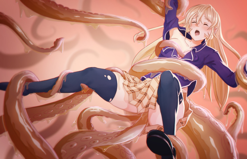 1girl :o anal ass bangs black_footwear black_jacket black_thighhighs blonde_hair blush breasts brown_skirt foot_out_of_frame gintsu gradient gradient_background highres jacket large_breasts long_hair nakiri_erina open_mouth pleated_skirt rape restrained shoes shokugeki_no_souma skirt tearing_up teeth tentacle_sex tentacles thighhighs torn_clothes torn_thighhighs upper_teeth_only vaginal