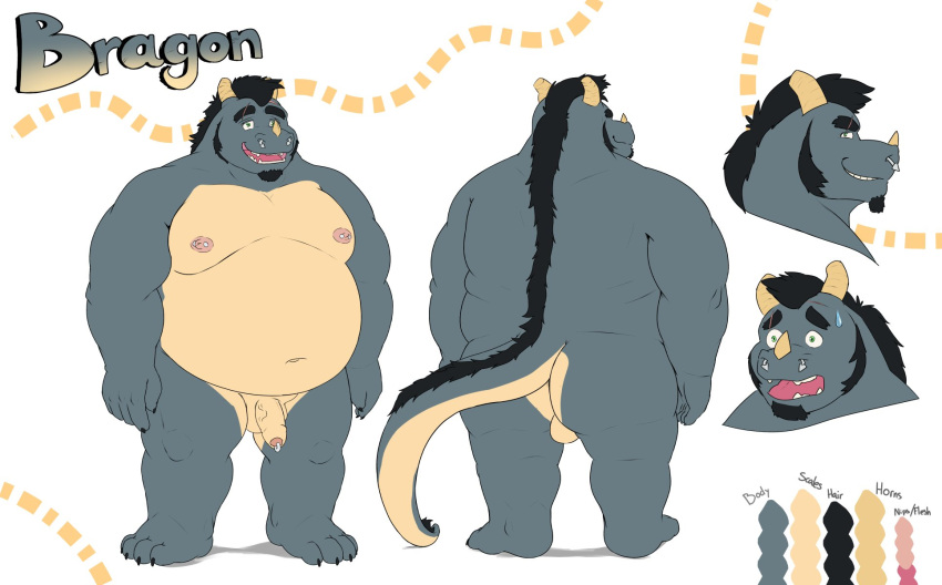 2022 anthro balls belly big_belly butt dragon facial_piercing genital_piercing genitals hi_res humanoid_hands male model_sheet moobs nipples nose_piercing nose_ring overweight overweight_male penis penis_piercing piercing prince_albert_piercing ring_piercing sato_afroleone solo