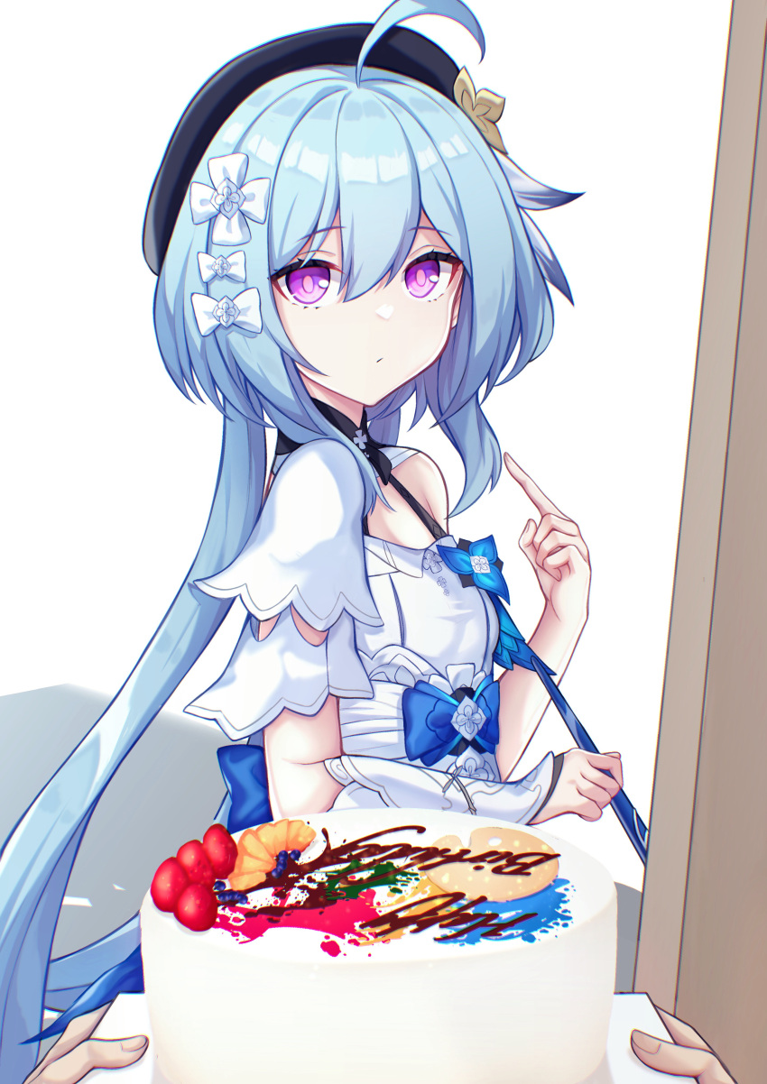 1girl absurdres ahoge birthday_cake black_headwear blue_hair bow cake closed_mouth dress food griseo hair_between_eyes hair_bow hat highres holding holding_paintbrush honkai_(series) honkai_impact_3rd jo_an long_hair looking_at_viewer paintbrush pointing pointing_at_self pov pov_hands purple_eyes single_bare_shoulder solo_focus very_long_hair white_bow white_dress