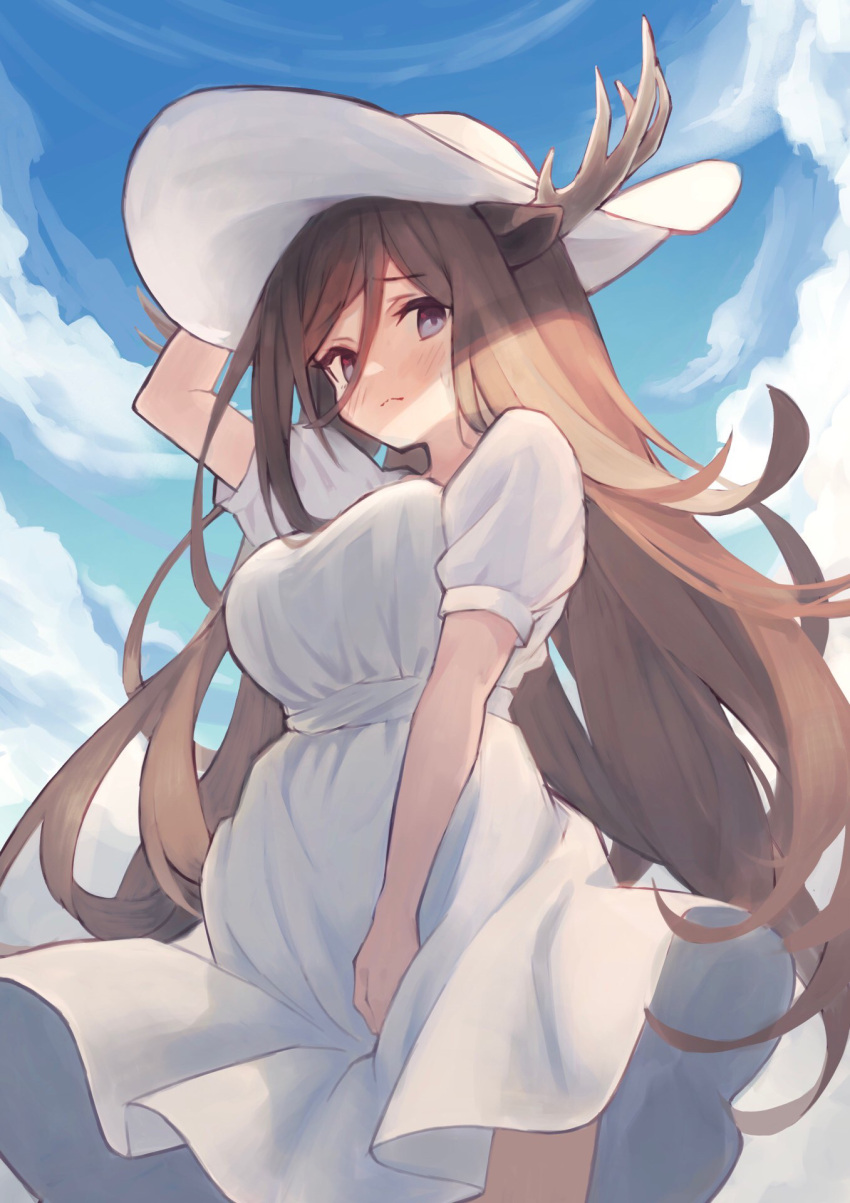 1girl bangs blue_eyes blue_sky blush breasts brown_hair closed_mouth cloud cloudy_sky commentary cosplay day deer_antlers deer_girl dress dress_tug feet_out_of_frame hair_between_eyes hand_on_headwear hasshaku-sama hasshaku-sama_(cosplay) hat highres large_breasts long_hair looking_at_viewer mist_train_girls nara_(mist_train_girls) outdoors puffy_short_sleeves puffy_sleeves short_sleeves sky solo sun_hat tomisaka_yorui very_long_hair white_dress white_headwear