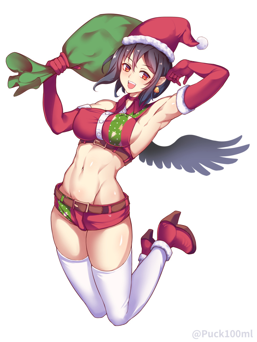 1girl :d absurdres alternate_costume arm_up armpits bare_shoulders bell bell_earrings black_hair blush breasts carrying_bag carrying_over_shoulder christmas_tree_print collared_shirt commentary_request covered_nipples crop_top earrings elbow_gloves feathered_wings fur-trimmed_footwear fur-trimmed_gloves fur-trimmed_headwear fur_trim gloves groin hand_up happy high_heels highres jewelry jumping large_breasts leaning_back legs legs_folded legs_together looking_at_viewer medium_breasts medium_hair midair midriff navel no_bra puck100ml red_eyes red_gloves red_headwear red_shirt red_shorts santa_costume shameimaru_aya shirt shirt_belt short_shorts shorts sideboob single_earring skindentation sleeveless sleeveless_shirt smile solo teeth thighhighs thighs touhou upper_teeth_only white_thighhighs wings