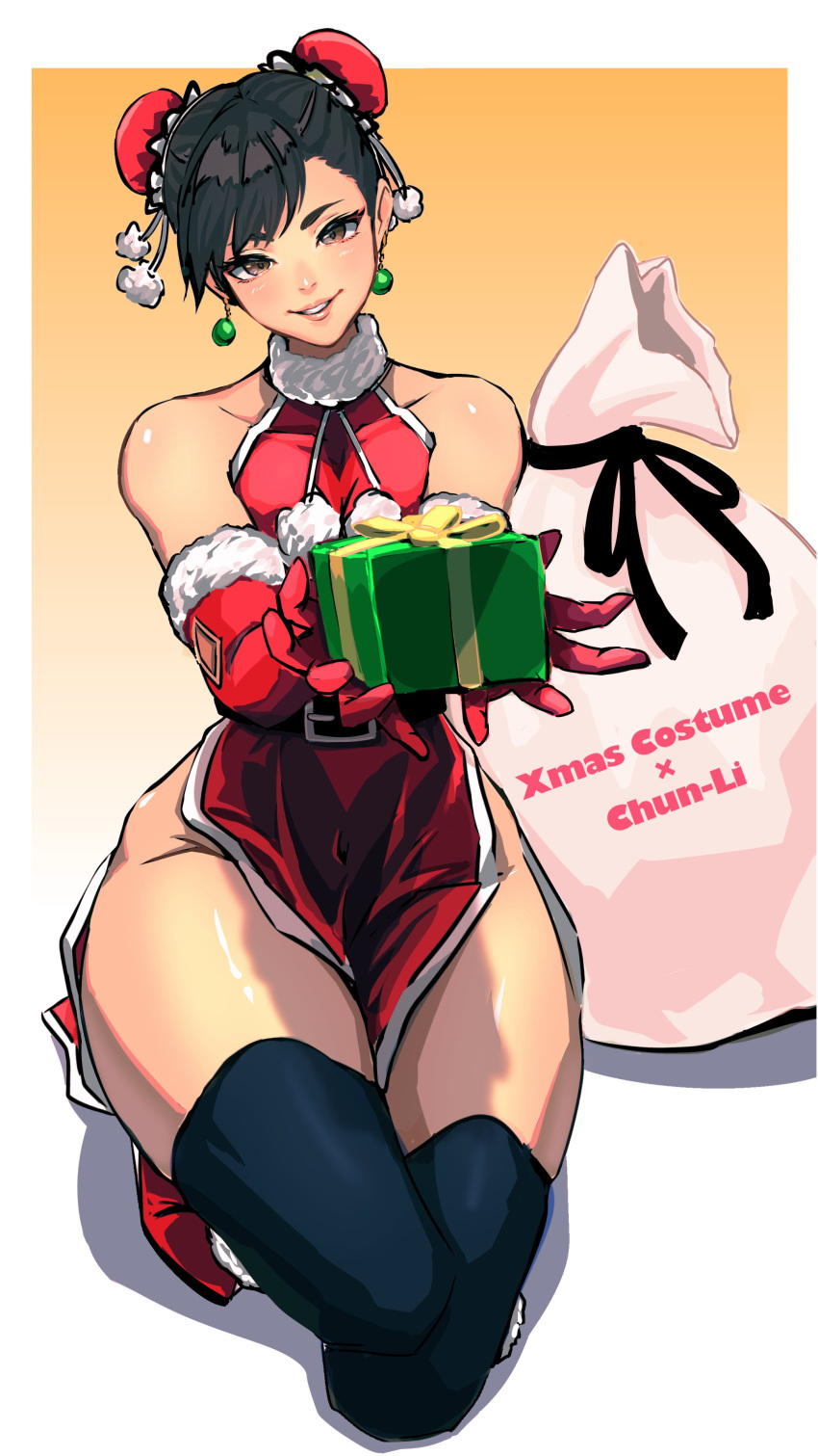 1girl absurdres adapted_costume alternate_legwear ap_cammy belt black_belt black_hair black_thighhighs box brown_eyes bun_cover china_dress chinese_clothes christmas chun-li commentary_request double_bun dress earrings elbow_gloves full_body fur_trim gift gift_box gloves hair_bun halter_dress halterneck highres holding holding_gift jewelry kneeling long_dress looking_at_viewer one_knee pelvic_curtain red_dress red_footwear red_gloves sack short_hair solo street_fighter thick_thighs thighhighs thighs