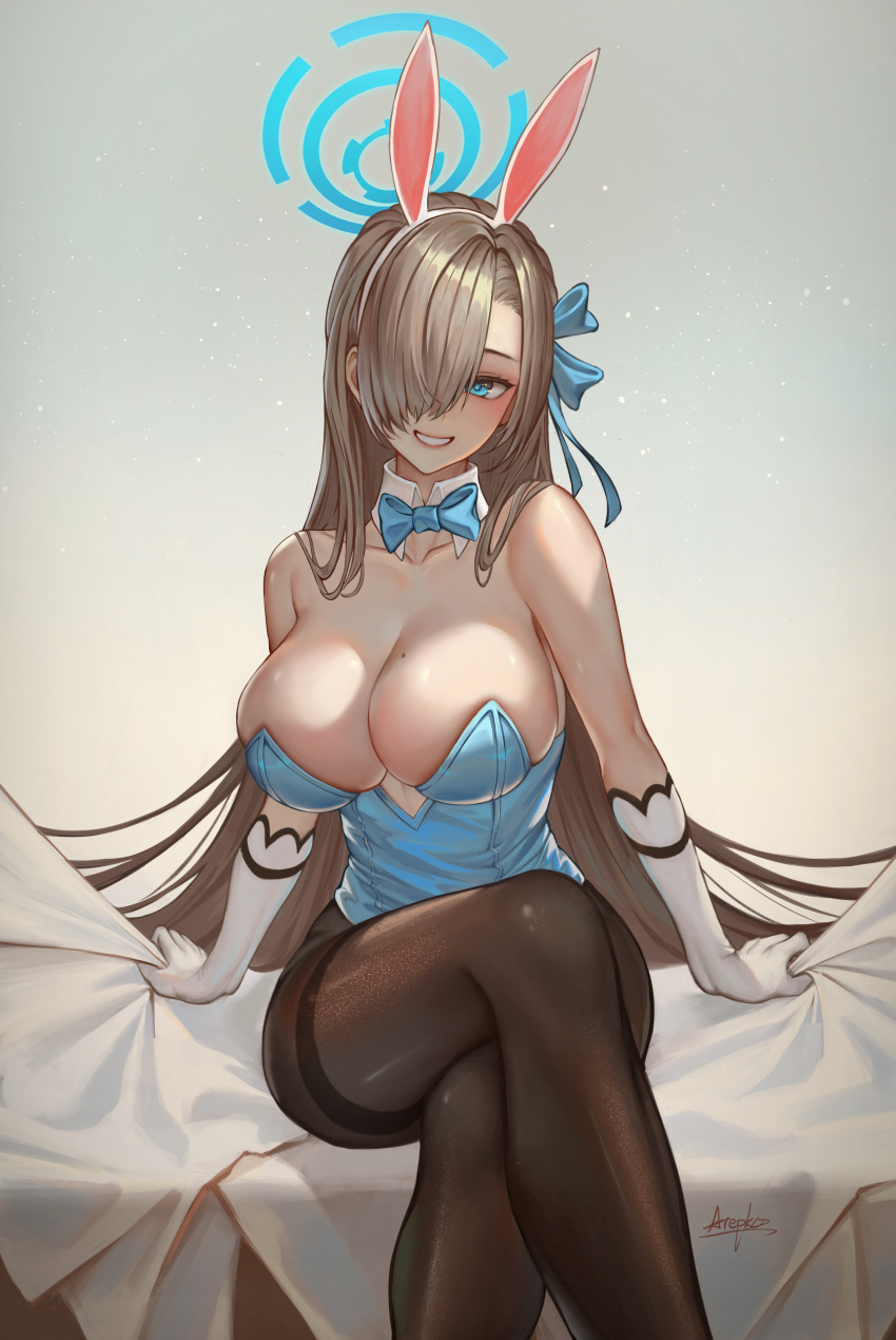 1girl :d absurdres animal_ears arepko asuna_(blue_archive) asuna_(bunny)_(blue_archive) bangs bare_shoulders bed blue_archive blue_bow blue_bowtie blue_eyes blue_leotard blunt_bangs bow bowtie breasts brown_hair brown_pantyhose cleavage crossed_legs fake_animal_ears gloves grin hair_bow hair_over_one_eye halo headband highres leotard long_hair looking_at_viewer pantyhose playboy_bunny rabbit_ears sitting smile solo teeth white_gloves