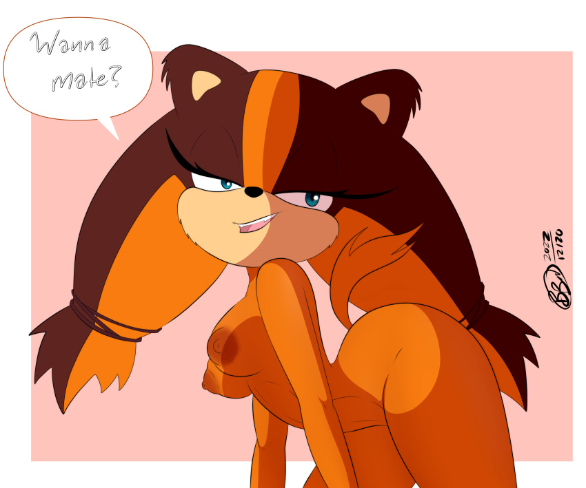 2022 absurd_res anthro areola badger blue_eyes breasts bunbunmuffins dialogue digital_media_(artwork) english_text female hi_res mammal mustelid musteline nipples sega simple_background sonic_boom sonic_the_hedgehog_(series) sticks_the_jungle_badger text