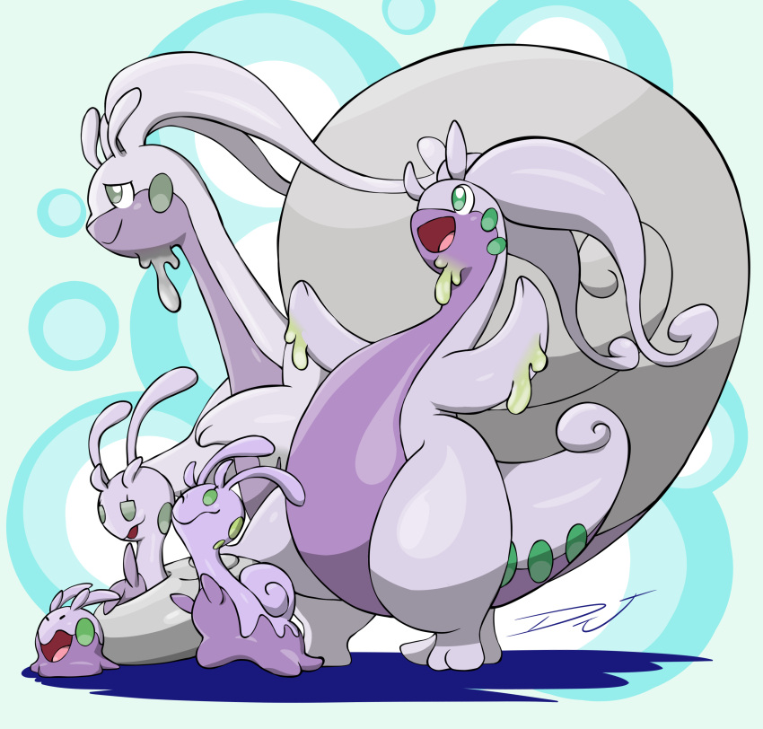 absurdres artist_name colored_skin dragon evolutionary_line goodra goomy green_eyes height_difference highres hisuian_goodra hisuian_sliggoo inkbooba light_blue_background long_tail no_humans pokemon pokemon_(creature) purple_skin shell signature sliggoo slime_(substance) slug snail tail