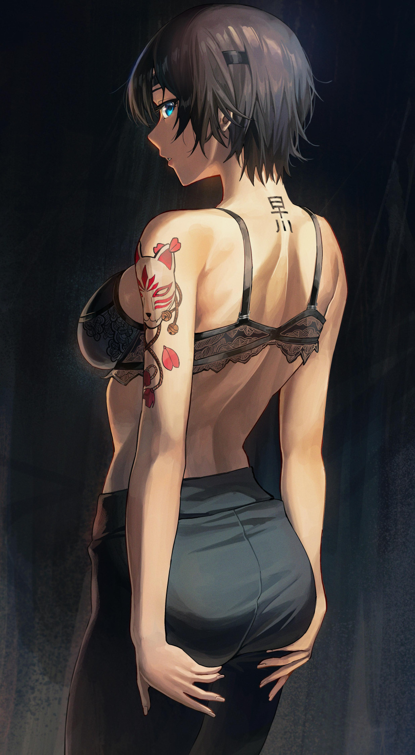 1girl absurdres arm_tattoo ass back bangs bare_shoulders black_bra black_hair black_pants blue_eyes bra breasts chainsaw_man cozyu eyepatch highres himeno_(chainsaw_man) large_breasts looking_at_viewer looking_back neck_tattoo pants parted_lips short_hair solo tattoo thighs underwear