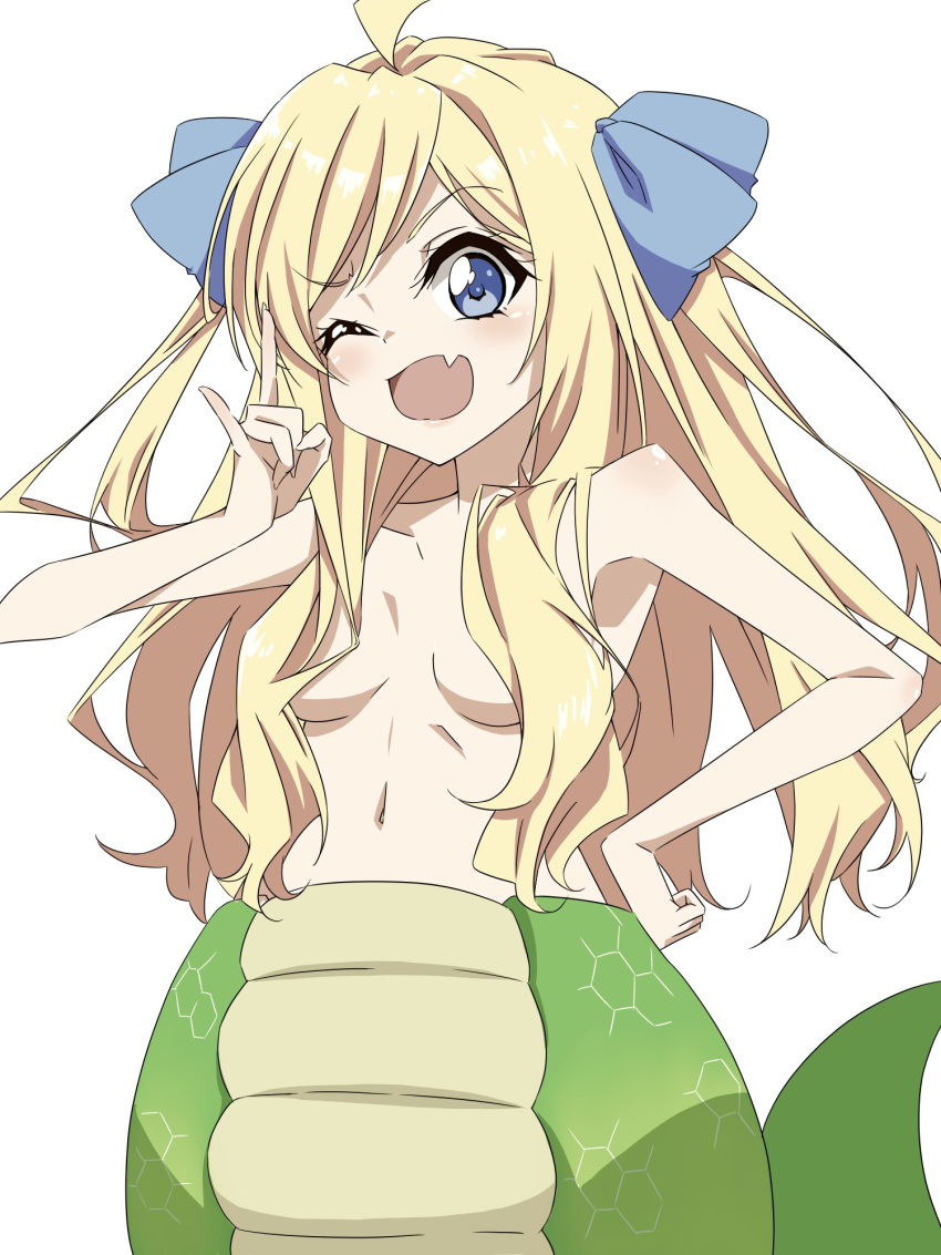 1girl ;d \n/ ahoge aozora_tsuru blonde_hair blue_eyes blue_ribbon blush breasts commentary_request fang fangs hair_censor hair_ornament hair_ribbon highres jashin-chan jashin-chan_dropkick lamia long_hair looking_at_viewer monster_girl navel nude one_eye_closed open_mouth photoshop_(medium) ribbon shiny shiny_hair simple_background skin_fang small_breasts smile solo upper_body white_background