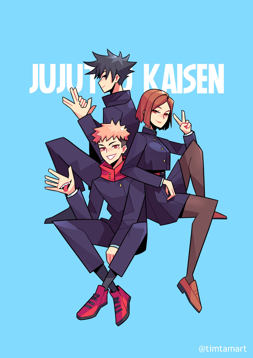 1girl 2boys absurdres bangs black_hair black_jacket blue_background brown_hair copyright_name dog_shadow_puppet fushiguro_megumi highres invisible_chair itadori_yuuji jacket jujutsu_kaisen jujutsu_tech_uniform kugisaki_nobara looking_at_viewer looking_to_the_side medium_hair multiple_boys pantyhose pink_hair short_hair sideways_glance simple_background sitting smile spiked_hair timtam twitter_username v