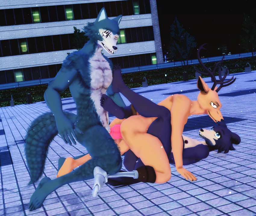 3d_(artwork) anal anal_penetration animal_genitalia animal_penis anthro anthro_on_anthro anthro_penetrated anthro_penetrating anthro_penetrating_anthro antlers balls beastars bisexual breasts brown_body brown_fur canid canine canine_penis canis cervine deer digital_media_(artwork) double_anal double_penetration female fur genitals grey_body grey_fur group group_sex hemipenes hi_res horn juno_(beastars) knot legoshi_(beastars) louis_(beastars) male male/female male/male male_penetrated male_penetrating male_penetrating_male malicekira mammal mmd multi_genitalia multi_penis nude outside penetration penile penis prosthetic prosthetic_leg prosthetic_limb red_deer scar sex snow threesome vaginal vaginal_penetration wolf