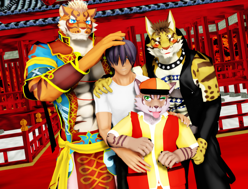 3d_(artwork) anthro clothed clothing clouded_leopard digital_media_(artwork) felid feline felis hi_res human leopard_cat likulau lin_hu male male/male malicekira mammal mmd muscular muscular_male nekojishi pantherine prionailurus shu-chi studio_klondike tian-liao_lin tiger video_games visual_novel