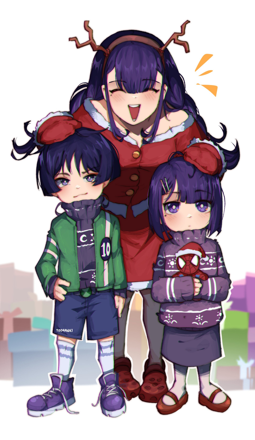 1boy 2girls absurdres antlers braid braided_ponytail brother_and_sister buttons closed_eyes crocs crossover doll dress fake_antlers frilled_gloves frills genshin_impact gloves hair_ornament hairclip hand_on_another's_head highres holding holding_doll long_hair long_sleeves looking_at_viewer marvel mole mole_under_eye mother_and_daughter mother_and_son multiple_girls purple_eyes purple_hair purple_sweater raiden_shogun red_dress red_gloves reindeer_antlers santa_costume santa_gloves scaramouche_(genshin_impact) siblings smile smug spider-man spider-man_(series) sweater turtleneck turtleneck_sweater wokiiarts