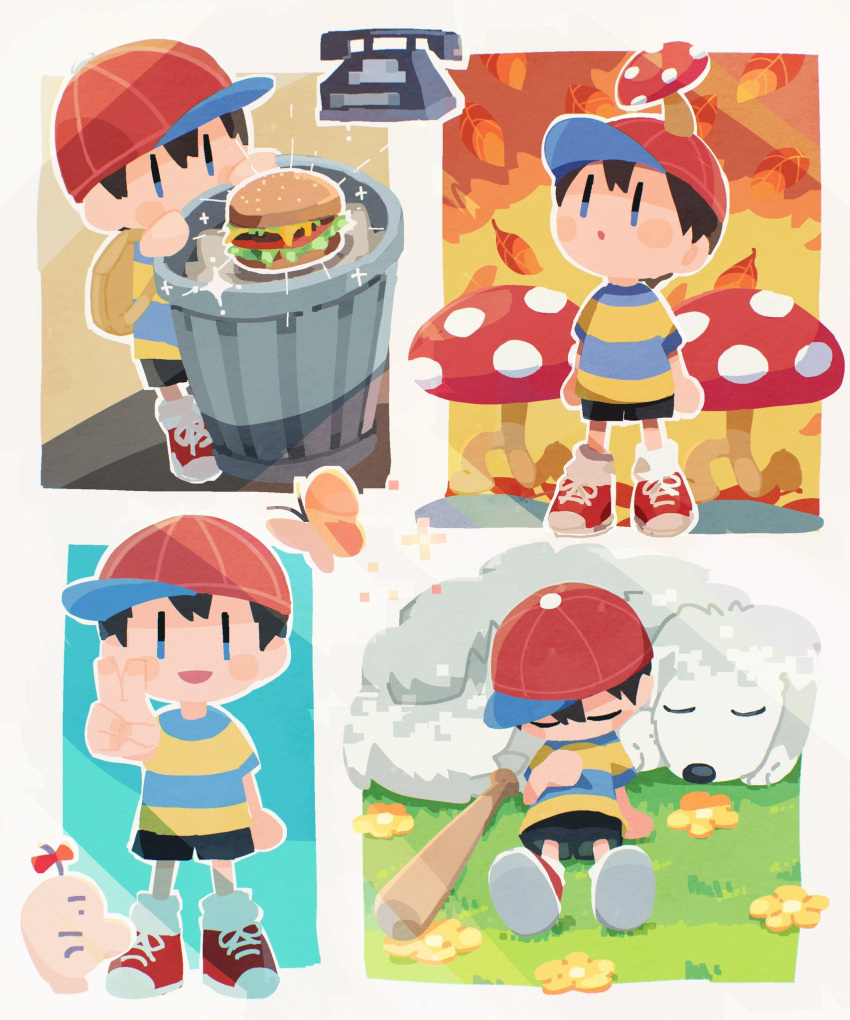 1boy :o baseball_cap black_hair black_shorts bug burger butterfly chibi dog doseisan flower food grass hat highres king_(mother_2) male_focus mother_(game) mother_2 multiple_views mushroom mushroom_on_head ness_(mother_2) open_mouth parted_lips phone red_footwear shirt shoes short_sleeves shorts sitting sleeping sleeping_upright sneakers soresaki standing striped striped_shirt t-shirt trash_can v yellow_flower