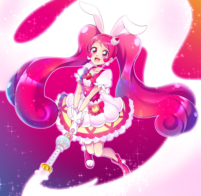 1girl absurdres animal_ears bangs bow cake_hair_ornament choker cure_whip earrings food food-themed_hair_ornament food-themed_ornament fruit gloves hair_ornament highres jewelry kirakira_precure_a_la_mode long_hair magical_girl mitsuki_tayura open_mouth pink_bow pink_choker pink_eyes pink_hair pom_pom_(clothes) pom_pom_earrings precure rabbit_ears short_sleeves smile solo strawberry twintails usami_ichika wand white_gloves