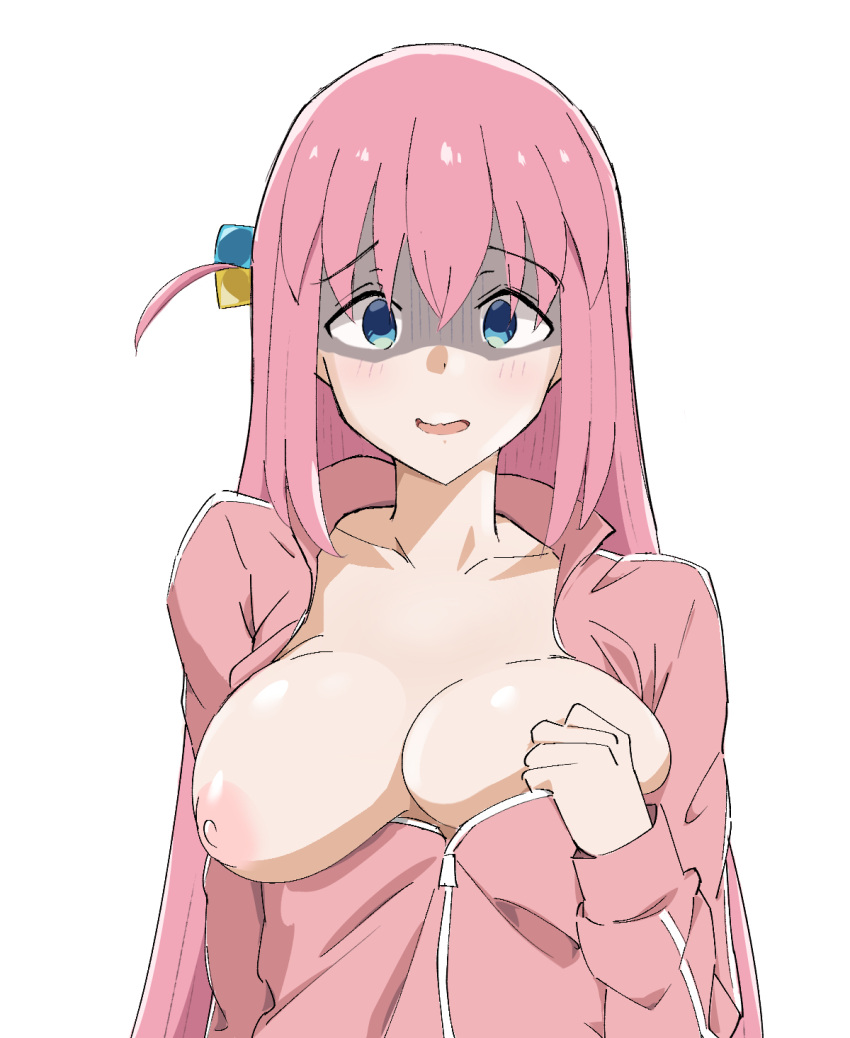 1girl bangs blue_eyes blush bocchi_the_rock! breasts collarbone commentary_request cube_hair_ornament gotou_hitori hair_ornament highres jacket jacket_pull kurusux large_breasts long_hair looking_at_viewer nervous nervous_smile nipples no_bra one_breast_out one_side_up parted_lips partially_unzipped pink_hair pink_jacket shaded_face simple_background smile solo track_jacket upper_body white_background