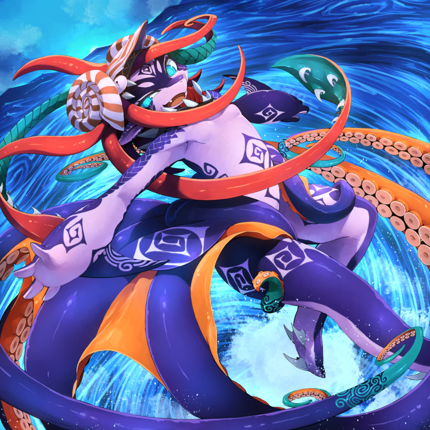 2019 4_fingers anthro arm_fins arm_markings armor belly belly_markings biped blue_eyes cephalopod charybdis claws cloud coleoid colored countershade_arms countershade_face countershade_hands countershade_legs countershade_skin countershade_torso countershading cute_fangs day detailed_background digital_media_(artwork) dipstick_tentacles elemental_manipulation european_mythology eyelashes facial_markings female fin fingers forehead_markings front_view full-length_portrait greek_mythology green_tentacles head_markings headgear helmet hi_res humanoid_hands kamukamu6392 kemono leg_markings looking_at_viewer magic magic_user marine markings mollusk multicolored_body multicolored_skin multicolored_tentacles mythology nude octopodiform octopus open_mouth open_smile orange_tentacles outside portrait pose pseudo_hair purple_body purple_ears purple_markings purple_scales purple_skin purple_tentacles red_pseudo_hair red_tentacles scales sea shaded shell sky smile snout solo spiral_eyes standing suckers tentacle_hair tentacles three-quarter_view two_tone_body two_tone_skin waist water water_manipulation whirlpool white_body white_countershading white_markings white_skin