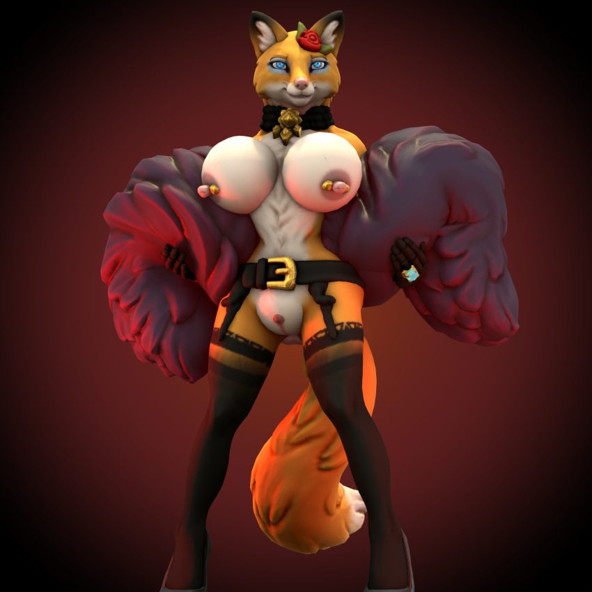 3d_(artwork) anthro big_breasts blue_eyes boa_(clothing) breasts canid canine choker clitoral_hood clothed clothing digit_ring digital_media_(artwork) dipstick_tail female flower fox garter_belt garter_straps genitals hi_res huge_breasts jewelry legwear lingerie liska_foxworthy mammal markings necklace nipple_piercing nipples piercing plant presenting presenting_breasts pussy red_fox ring solo stockings tail_markings the-urocyon topless topless_female wedding_ring