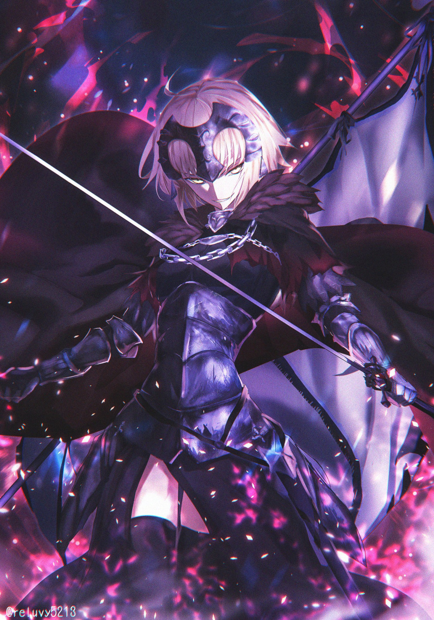 1girl ahoge armor armored_dress black_cape black_dress black_thighhighs cape chain dress evil_grin evil_smile fate/grand_order fate_(series) flag fur-trimmed_cape fur_trim gauntlets grin headpiece highres holding holding_sword holding_weapon jeanne_d'arc_alter_(avenger)_(fate) jeanne_d'arc_alter_(avenger)_(first_ascension)_(fate) jeanne_d'arc_alter_(fate) looking_at_viewer plackart reluvy short_hair smile solo standard_bearer sword thighhighs twitter_username weapon white_flag yellow_eyes