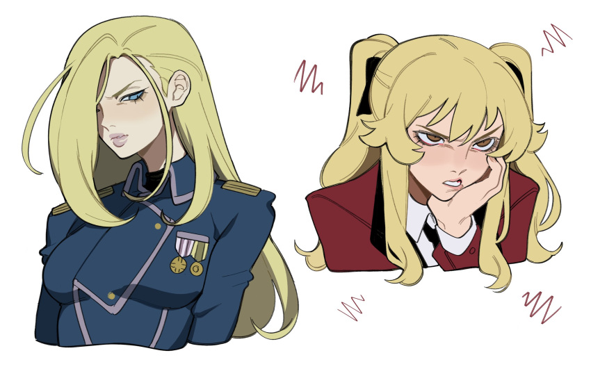 2girls amestris_military_uniform bangs black_ribbon blazer blonde_hair blue_eyes brown_eyes fullmetal_alchemist hair_over_one_eye hair_ribbon highres hyakkaou_academy_uniform jacket kakegurui lips long_hair military military_uniform multiple_girls olivier_mira_armstrong porqueloin ribbon saotome_mary school_uniform trait_connection twintails uniform