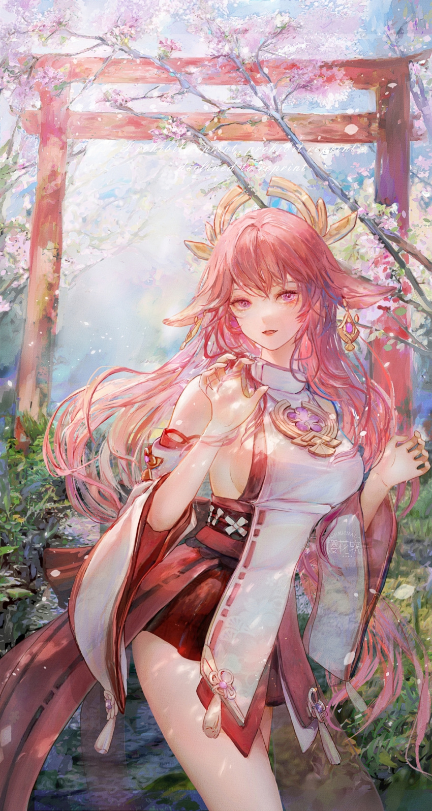 1girl animal_ears bangs branch breasts cherry_blossoms commentary_request earrings feet_out_of_frame floppy_ears fox_ears fox_girl genshin_impact grass hakama hands_up highres japanese_clothes jewelry long_hair looking_at_viewer obi open_mouth outdoors pink_hair purple_eyes red_hakama sash shirt sideboob sleeveless sleeveless_shirt solo tassel torii watermark white_shirt white_sleeves wide_sleeves yae_miko yinghua_ruan