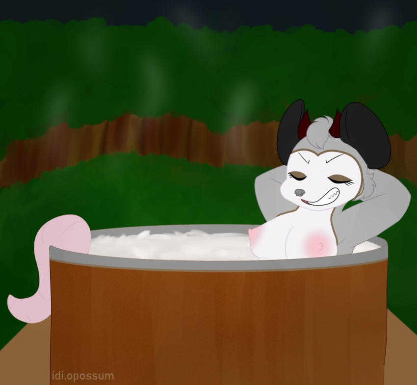 anthro areola breasts detailed_background didelphid eyes_closed female hi_res horn hot_tub idi.opossum idi_(idi.opossum) mammal marsupial nipples red_horn smile solo steam