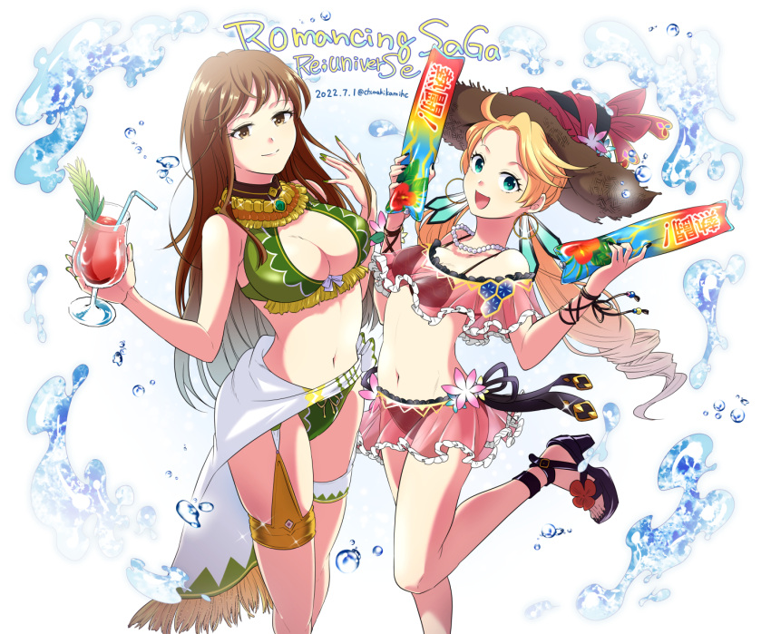 2girls blonde_hair blue_eyes breasts brown_eyes brown_hair chimaki_(impressiveanarchy) claudia_(saga) closed_mouth hat highres jewelry long_hair looking_at_viewer multiple_girls myriam_(saga) nail_polish navel necklace open_mouth romancing_saga_minstrel_song saga smile swimsuit water