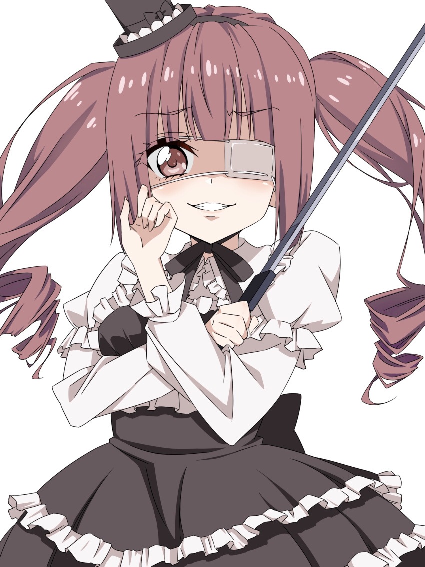 1girl aozora_tsuru bangs black_bow black_bowtie black_dress blush bow bowtie crossed_arms dress drill_hair eyepatch eyepatch_removed frilled_dress frills hanazono_yurine hat headband highres holding holding_sword holding_weapon jashin-chan_dropkick katana lolita_fashion long_hair looking_at_viewer medical_eyepatch mini_hat parted_lips red_eyes red_hair simple_background smile solo sword top_hat translated weapon white_background