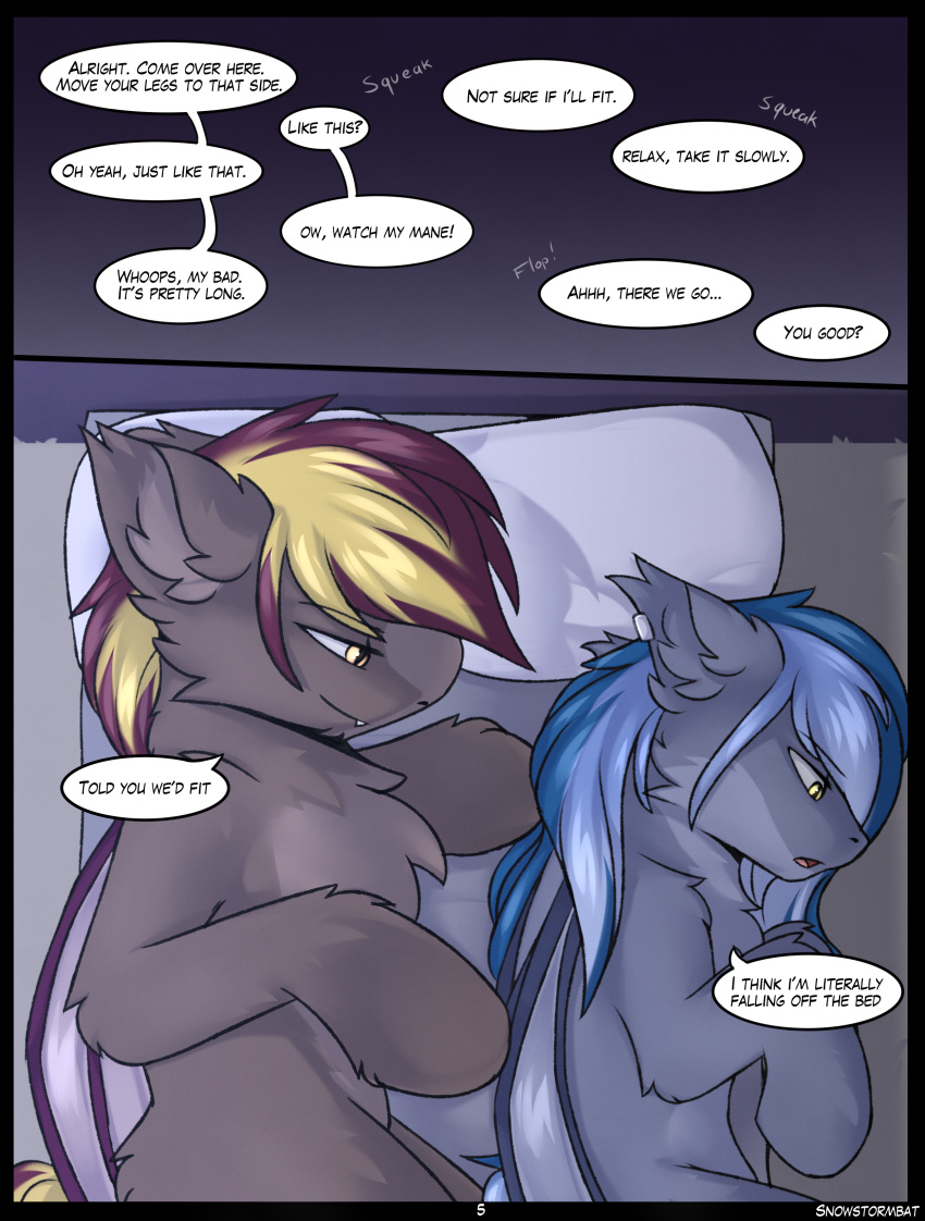 absurd_res arden_heatwave bat_pony bed comic dialogue equid equine furniture hasbro hi_res horse male mammal midnight_snowstorm my_little_pony pony sibling size_difference snowstormbat