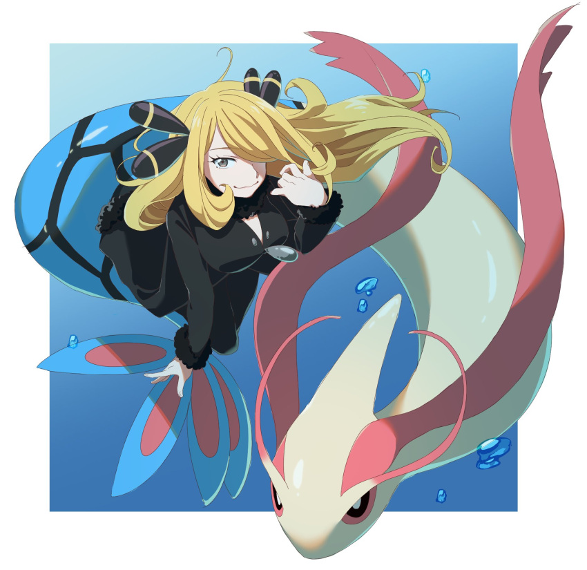 1girl black_eyes blonde_hair border breasts bubble coat colored_sclera cynthia_(pokemon) fur-trimmed_coat fur_trim hair_over_one_eye highres ko_izumi_hida long_hair looking_at_viewer milotic pokemon pokemon_(creature) pokemon_(game) pokemon_dppt red_sclera smile tail very_long_hair