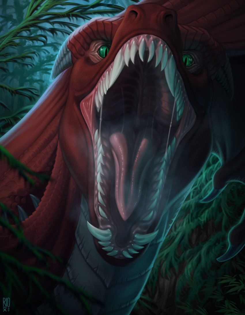 2021 absurd_res ambiguous_gender bodily_fluids dated dragon fangs feral front_view glistening glistening_eyes green_eyes grey_horn hi_res horn looking_at_viewer membrane_(anatomy) membranous_wings mouth_shot open_mouth outside red_body red_scales red_wings riorix saliva saliva_string scales sharp_teeth solo teeth wings