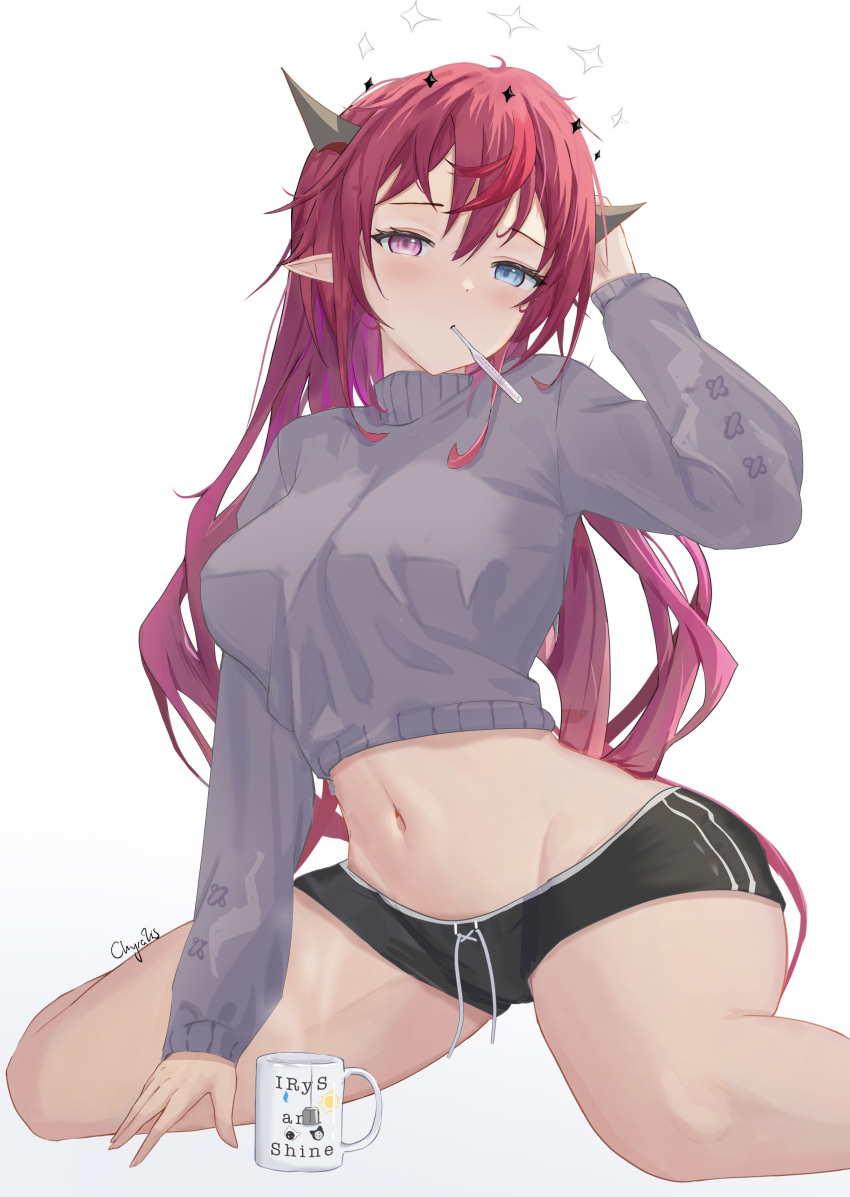 1girl absurdres alternate_costume bare_legs blue_eyes breasts casual chyraliss crop_top cropped_sweater cup dolphin_shorts grey_sweater hair_between_eyes halo heterochromia highres hololive hololive_english horns irys_(hololive) large_breasts long_hair looking_at_viewer midriff mug navel pink_eyes pointy_ears purple_hair red_hair short_shorts shorts signature sitting solo sweater thermometer turtleneck turtleneck_sweater very_long_hair virtual_youtuber wariza