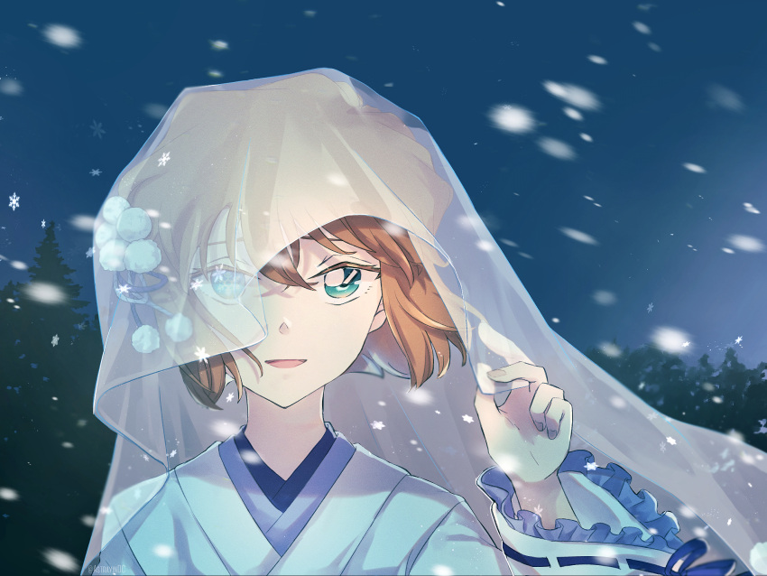 1girl :d aqua_eyes astrayin bangs brown_hair frilled_sleeves frills haibara_ai hair_between_eyes hair_ornament highres japanese_clothes kimono long_sleeves looking_at_viewer meitantei_conan night open_mouth outdoors portrait short_hair smile snowflakes snowing solo transparent veil white_kimono