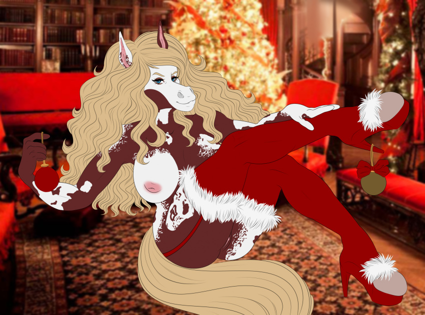 2022 5_fingers anthro areola blonde_hair blue_eyes boots breasts brown_body brown_fur christmas christmas_clothing christmas_decorations christmas_tree clothed clothing clover_the_mare equid equine female fingers flat_colors footwear fur genitals hair hi_res high_heels holidays hooves horse legwear long_hair looking_at_viewer mammal multicolored_body natttttalina nipples partially_clothed pink_areola pink_nipples plant pussy raised_leg sitting smile smiling_at_viewer solo spots spotted_body spotted_fur stockings tree two_tone_body white_body white_fur