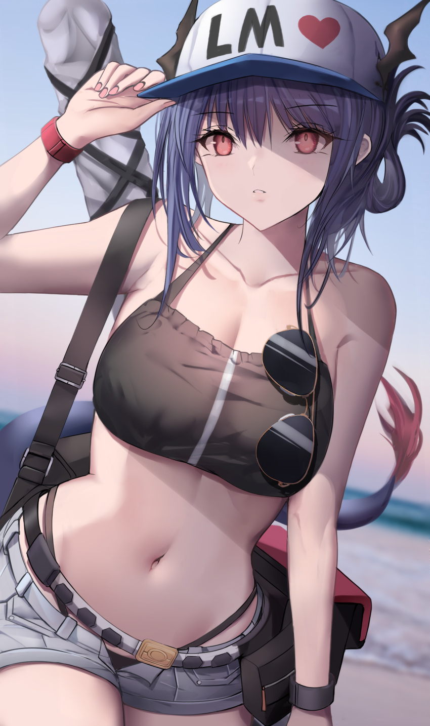 1girl absurdres adjusting_clothes adjusting_headwear arknights bangs bare_arms bare_shoulders baseball_cap beach bikini black_bikini blue_hair ch'en_(arknights) commentary cowboy_shot dragon_horns dragon_tail female_tourist_c_(arknights) grey_shorts hand_up hat heart highres horns looking_at_viewer nail_polish navel open_fly outdoors parted_lips pink_nails red_eyes short_hair short_shorts shorts solo standing stomach stratoz sunglasses swimsuit tail white_headwear