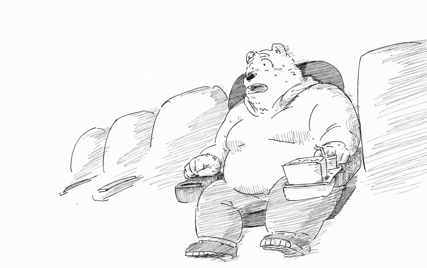2022 anthro bear bottomwear clothing hi_res hoodie kemono male mammal movie_theater overweight overweight_male pants pommn_mn sitting solo surprise topwear