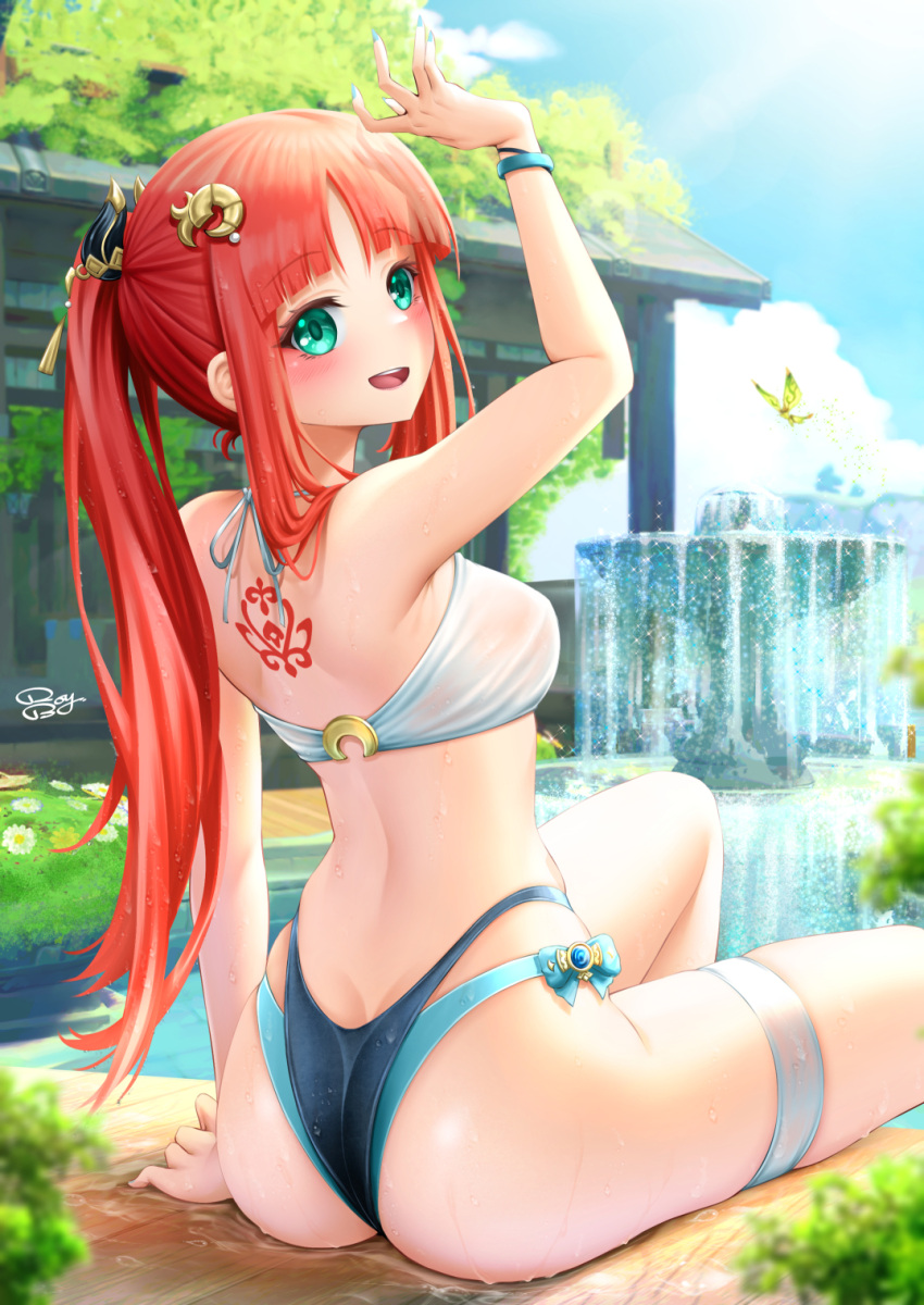 1girl :d alternate_costume alternate_hairstyle arm_support arm_up armpits ass back_tattoo bangs bare_arms bare_back bare_legs bare_shoulders bikini blue_bikini blue_bow blue_gemstone blue_sky bow breasts building bush butt_crack commentary_request crop_top crystalfly_(genshin_impact) day fountain from_behind gem genshin_impact hair_ornament highres layered_bikini long_hair looking_at_viewer looking_back mismatched_bikini nilou_(genshin_impact) open_mouth outdoors paid_reward_available parted_bangs ponytail red_hair revision royboy see-through shed sidelocks signature sitting sky smile solo swimsuit tattoo teeth thighs upper_teeth_only wet wet_clothes white_bikini wristband